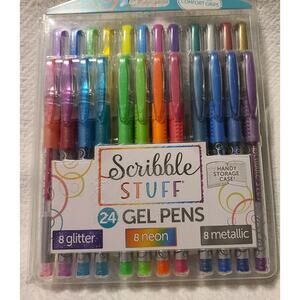 Scribble Stuff GEL PENS 24 COUNT 8 GLITTER 8 NEON 8 METALLIC With Carrying Case